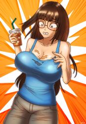 beg4cake beggy_(beg4cake) blue_tank_top boba_tea brown_hair embarrassed glasses ice ice_cube legwear light-skinned_female light_skin long_hair straw tank_top