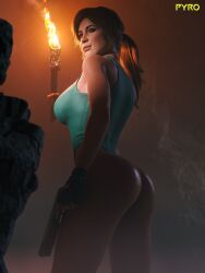 1girls 3d ass back_view big_breasts bottomless bottomless_female brown_hair cave dat_ass female female_only lara_croft lara_croft_(survivor) looking_at_viewer looking_back ponytail pyro_(artist) solo tomb_raider tomb_raider_(survivor) torch