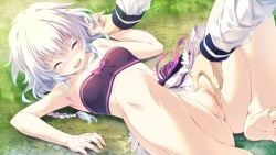 :d armpits bangs bare_arms bare_legs bare_shoulders barefoot black_bandeau blush braid breasts censored closed_eyes clothes_lift day female fingering game_cg hair_between_eyes holding_another's_wrist iris_krug long_hair lying midriff mizunezumi mosaic_censoring on_back on_grass open_mouth outdoors pink_ribbon pussy pussy_juice re;lord_dai_san_shou ribbon single_braid skirt skirt_lift small_breasts smile soles solo_focus stomach white_hair