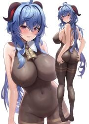 absurdres ass ass_grab bangs bare_back bare_shoulders bell blue_hair blush bodystocking bodysuit breasts covered_erect_nipples female from_behind ganyu_(genshin_impact) genshin_impact groin highres horns huge_ass large_breasts looking_at_viewer multiple_views navel neck_bell nipples onedoo purple_eyes self_ass_grab skin_tight skindentation smile thick_thighs thighlet thighs turning_head