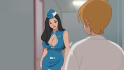 1boy 1girls air_hostess anett_(discreenvision) black_hair boob_window cleavage discreenvision female flight_attendant fred_(discreenvision) hourglass_figure inusen lipstick long_hair male nipple_bulge nipples nipples_visible_through_clothing stewardess the_secret_of_the_house