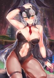 animal_ears bangs bare_shoulders black_leotard blush breasts cleavage clothing_cutout detached_collar fake_animal_ears fate/grand_order fate_(series) female hand_on_head headpiece highres jeanne_alter kawai_(purplrpouni) large_breasts leotard long_hair looking_at_viewer navel navel_cutout necktie pantyhose playboy_bunny rabbit_ears red_necktie red_neckwear silver_hair solo thigh_strap thighs very_long_hair wrist_cuffs yellow_eyes