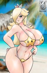 artist_logo beach bikini blonde_hair blue_eyes blurry_background blush crown earrings haloowl huge_breasts luma luma_bikini mario_(series) nintendo princess_rosalina seductive_smile sparkle super_mario_galaxy thick_thighs