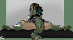 1girls 3_toes anthro back_view betty_the_komodo_dragon big_ass black_betty_(meme) black_hair black_sclera bubble_butt buwaya_(perrincatte) crocodile crocodilian dreadlocks eymbee female female_only green_body green_lipstick hair_rings hi_res huge_ass long_hair looking_at_viewer looking_back looking_back_at_viewer meme original pointy_ears reptile solo splits tail thick_thighs yellow_eyes