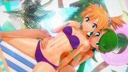 2girls abs bangs bikini blue_bikini blush breasts creatures_(company) dark-skinned_female dark_skin eyelashes female female_only game_freak green_bikini green_eyes green_hair hair_tie highres kasumi_(pokemon) legs mallow_(pokemon) multiple_girls muscular navel nintendo orange_hair palm_tree pokemon pokemon_(anime) pokemon_(game) pokemon_rgby pokemon_sm pokemon_sm_(anime) poketenshi revision smile swimsuit thighs tied_hair tree trial_captain twintails water