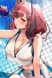 1girls alracoco antenna_hair azur_lane blush bottle bremerton_(azur_lane) bremerton_(scorching-hot_training)_(azur_lane) cleavage clouds female female_only looking_at_viewer multicolored_hair pink_eyes pink_hair see-through see-through_clothing sky solo solo_female sunlight