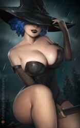 1girls big_breasts black_lipstick blue_hair blue_nails breasts broom broom_riding cleavage cordelia_valentine dead_estate elbow_gloves eyes_covered female female_only hartman_hips hat huge_breasts large_breasts light-skinned_female light_skin lipstick looking_at_viewer makeup medium_hair meekohopanes pale-skinned_female pale_skin rain raining simple_background smile solo solo_female video_game video_game_character video_games witch witch_hat