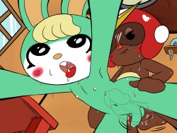 2boys 4:3 anal anal_sex animal_crossing anthro balls blonde_hair blush bodily_fluids cum digital_media_(artwork) erection gay genital_fluids genitals girly green_body hair hi_res human human_on_anthro interspecies lagomorph leporid male male/male male_penetrated male_penetrating male_penetrating_male mammal nintendo nude penetration penis rabbit sasha_(animal_crossing) sex thunderfap tongue video_games villager_(animal_crossing) yaoi