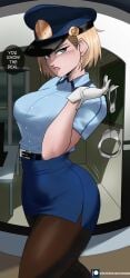 1girls android_18 big_breasts black_belt blonde_hair blue_eyes blue_hat blue_shirt blue_skirt breasts buttons chalkboard dragon_ball dragon_ball_z echosaber female female_only fully_clothed gloves handcuffs pantyhose police police_hat police_officer police_uniform policewoman short_sleeves solo tagme