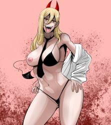 bikini bikini_aside breasts chainsaw_man demon_girl fangs horns horny_female power_(chainsaw_man) vagina venomart500 yellow_hair