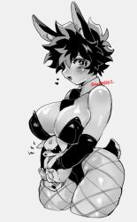 1girls big_breasts black_and_white bunny_ears bunny_girl bunny_tail bunnysuit canine cleavage curvy female female_deku female_only fishnets genderswap_(mtf) izuku_midoriya katsuki_bakugou large_breasts leotard mrtm0102 my_hero_academia revealing_clothes rule_63 short_hair_female solo thick thick_thighs voluptuous