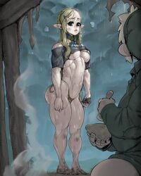 blonde_hair blue_eyes breasts breath_of_the_wild dirty_feet female glove link long_hair male midriff_baring_shirt muddy muscular_female pointy_ears princess_zelda the_legend_of_zelda thong underboob wet zelda_(breath_of_the_wild) ziroko