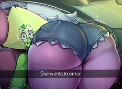 2girls amethyst_(steven_universe) ass ass_focus big_ass bubble_butt cartoon_network clothed clothing english_text fat_ass female female_only gem_(species) green_skin he_wants_to_order huge_ass huge_butt madheaven meme minishorts peridot_(steven_universe) purple_skin shorts shortstack smaller_female social_media steven_universe text thick_thighs visor yellow_eyes