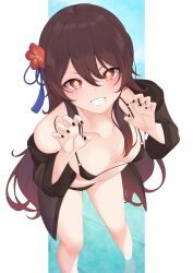 1girls bikini black_bikini blush breasts brown_hair claw_pose flower_in_hair from_above genshin_impact hu_tao_(genshin_impact) looking_at_viewer red_eyes shirafuji_ene small_breasts smile solo solo_female