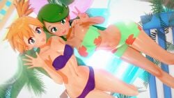 2girls abs bangs bikini blue_bikini blush breasts creatures_(company) dark-skinned_female dark_skin eyelashes female female_only game_freak green_bikini green_eyes green_hair hair_tie highres kasumi_(pokemon) legs looking_at_viewer mallow_(pokemon) multiple_girls muscular navel nintendo orange_hair palm_tree pokemon pokemon_(anime) pokemon_(game) pokemon_rgby pokemon_sm poketenshi revision smile swimsuit thighs tied_hair tongue tongue_out tree trial_captain twintails water