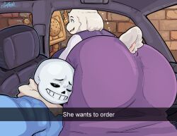 1boy 1girls 2d anthro ass_focus ass_in_dress bbw car cumbread drive_thru english_text female funny furry goat goat_mom he_wants_to_order head_tilt huge_ass male meme sans selfie she_wants_to_order snapchat text toriel undertale undertale_(series) voluptuous