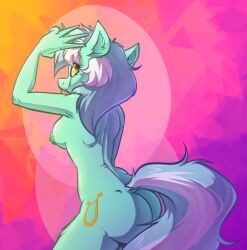 absurd_res anthro anthrofied ass breasts cutie_mark dock equid equine female friendship_is_magic fur green_body green_fur green_hair green_nipples green_tail hair hasbro hi_res horn humanoid_hands inner_ear_fluff looking_back lyra_heartstrings_(mlp) mammal multicolored_hair my_little_pony nipples small_breasts smile solo tongue tongue_out tuft two_tone_hair two_tone_tail unicorn unicorn_horn white_hair white_tail witchtaunter yellow_eyes