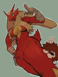 absurd_res anthro blaziken blue_eyes bodily_fluids breasts covered_nipples darkluxia duo female generation_3_pokemon genitals hi_res nintendo nipples pokemon pokemon_(species) pussy red_body simple_background smile sweat video_games yellow_body