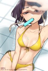 1girls bangs bikini earlobe_jacks female female_only kasebame-san kyoka_jiro my_hero_academia popsicle popsicle_in_mouth purple_hair solo solo_female sweat sweating swimsuit tagme yellow_bikini