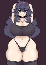 armpits arms_behind_head big_breasts breasts choker chubby cowboy_shot dark_hair female goth hex_maniac highleg huge_breasts inakotho long_hair navel panties pokemon smile spiral_eyes tagme tank_top thick_thighs thighhighs wide_hips