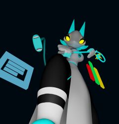 2022 3d_(artwork) absurd_res anthro blue_hair breasts clothed clothing deltarune digital_media_(artwork) dominant dominant_female felid feline female first_person_view floating_hands genitals glowing glowing_genitalia glowing_pussy hair hi_res holding_object holding_weapon looking_at_viewer machine mammal pussy robot simple_background smile solo sticki_bun tasque_manager_(deltarune) thick_thighs topwear undertale_(series) video_games wardrobe_malfunction weapon whip yellow_eyes