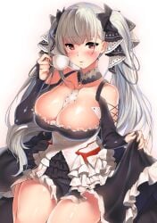 azur_lane bangs bare_shoulders between_breasts black_dress blush breasts cleavage cup dress female formidable_(azur_lane) frilled_dress frills grey_hair hair_ribbon highres holding holding_cup kawai_(purplrpouni) large_breasts long_hair long_sleeves looking_at_viewer red_eyes ribbon simple_background skindentation skirt_hold solo thighs twintails two-tone_dress two-tone_ribbon very_long_hair