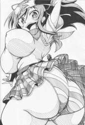 1girls asuka_(senran_kagura) back_view bangs belt big_ass eyebrows_visible_through_hair female greeting ha_jin happy huge_breasts impossible_clothes light-skinned_female light_skin long_hair looking_at_viewer monochrome nipple_bulge one_arm_up open_mouth panties pencil_(artwork) ponytail scarf senran_kagura sidelocks simple_background skindentation skirt skirt_lift smile thick_thighs tight_clothing weapon white_background