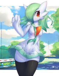 after_evolution amber_eyes anthro athletic_female black_legwear clothed cute gardevoir generation_3_pokemon green_hair pokémon_(species) pokemon pokemon_(species) rilex_lenov school_uniform schoolgirl skirt tagme white_dress white_skin