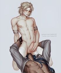 2boys albedo_(genshin_impact) albedoishot anilingus ass_worship balls blonde_hair blue_eyes blue_hair blush cum cum_on_body dark-skinned_male erect_penis erect_while_rimmed facesitting gay gay_rimjob gay_sex genshin_impact holding_penis kaeya_(genshin_impact) light-skinned_male male_only maledom nipples rimming saika076 thighhighs yaoi