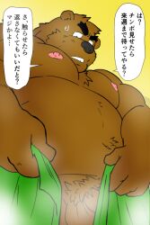 2021 2:3 anthro balls brown_body brown_fur duo erection fur genitals humanoid_hands japanese_text kemono male male/male mammal moobs nipples overweight overweight_anthro overweight_male penis shibatanukiti solo text towel ursid