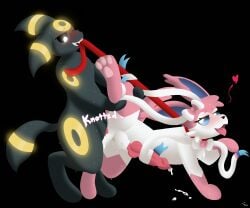 2vv7 black_sclera bodily_fluids bow_ribbon dripping duo eeveelution feral generation_2_pokemon generation_6_pokemon genital_fluids glowing glowing_eyes heart hi_res knot knotting leash leash_pull male male/male male_only male_sylveon nintendo pawpads pokemon pokemon_(species) precum precum_drip pupils sweat sylveon tongue tongue_out umbreon video_games white_pupils