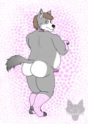 anthro ass belly big_belly big_butt canid canine canis digital_media_(artwork) erection fayrofire genitals girly hair hi_res huge_butt looking_at_viewer male mammal nude overweight overweight_male penis simple_background solo wolf