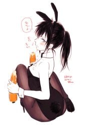 areola_slip black_hair blush bunny_ears bunny_girl bunny_tail bunnysuit carrot detached_collar eating female female_only food genderswap_(mtf) gintama hijikata_toshiro long_hair looking_at_viewer looking_back mame_(pixiv) mayonnaise pantyhose playboy_bunny ponytail rule_63 sexually_suggestive sitting small_breasts solo suggestive_fluid wrist_cuffs