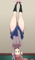 1girls black_panties blue_skirt blushing brown_hair clothed clothed_female doki_doki_literature_club dzombi1_(artist) female female_only green_eyes hand_stand handstand holding_skirt lycoris_challenge meme monika_(doki_doki_literature_club) non-nude one_handed_handstand panties shoes skirt skirt_tug solo tagme thick_thighs upside-down