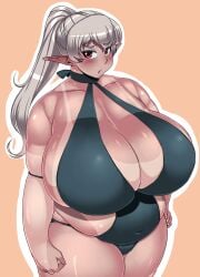 1girls 2015 alternate_version_available astraea13 belly belly_bulge breasts chubby chubby_female cleavage curvaceous curvy elf elf_ears elf_female eyebrows_visible_through_hair female female_focus grey_hair hi_res high_resolution highres hips huge_breasts looking_at_viewer plump pointy_ears ponytail solo solo_female solo_focus swimsuit swimwear tan_body tanline thick_thighs thighs voluptuous wide_hips