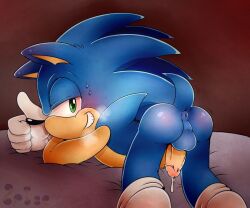 anthro bed bedroom_eyes bent_over blue_body blue_fur blush bodily_fluids clothing cum cum_drip dripping eulipotyphlan footwear fur furniture genital_fluids gesture green_eyes hedgehog looking_at_viewer male mammal narrowed_eyes seductive sega smile smirk socks solo sonic_(series) sonic_the_hedgehog sonic_the_hedgehog_(series) spice5400 sweat sweatdrop thumbs_up