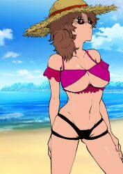 alternate_costume beach big_breasts bikini brown-tinted_eyewear brown_hair cleavage female female_only genderswap_(mtf) gintama rule_63 sakamoto_tatsuma solo sun_hat sunglasses swimsuit tinted_eyewear trbxsymn underboob