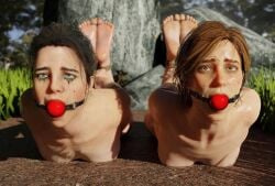 2girls 3d abigail_roberts artist_request ball_gag bondage bound hogtie hogtied naked_hogtie red_dead_redemption_(series) red_dead_redemption_2 runny_makeup sadie_adler soles tied tied_up unknown_artist