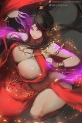 1girls bracelet brown_hair circlet cleavage dancer female glowing_eyes gray_bear harem_outfit huge_breasts jewelry long_hair magic mika_setilan painting_(artwork) pink_eyes ponytail revealing_clothes solo thick_thighs