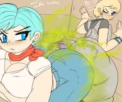 1boy 2girls against_wall ass_sandwich ass_to_ass aunt aunt_and_nephew bad_parenting big_ass big_butt blonde_hair blue_eyes blue_hair blue_pants bulma bulma_briefs dialogue dragon_ball dragon_ball_super earrings english_text enormous_ass enormous_butt face_in_ass fart fart_cloud fart_fetish farting farting_in_face farts grey_pants jeans looking_back melissaalli milf mother mother_and_son nephew one_eye_closed red_scarf sandwiched scarf short_hair sisters son text thick_thighs tights_(dragon_ball) tights_briefs trunks_briefs yoshizilla