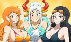 2022 3girls bikini black_hair blue_eyes blush breasts brown_eyes cleavage earrings female female_only hi_res horns kobi-tfs large_breasts long_hair looking_at_viewer multicolored_bikini nami nico_robin one_piece one_piece_film_z orange_eyes orange_hair post-timeskip post_timeskip rainbow_bikini shounen_jump smiling_at_viewer striped_bikini sunglasses sunglasses_on_head tongue_out wano_country white_hair wink yamato_(one_piece)