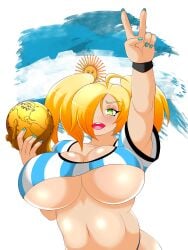 1girls 2022_fifa_world_cup argentina argentine_flag blonde_hair codeyumi elesa_(codeyumi) fifa gyaru hair_covering_eye oc original_character partially_clothed peace_sign simple_background thong twintails white_background world_cup yellow_hair