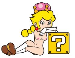 1girls ?_block blonde_hair breasts brown_shoes crown earrings elbow_gloves female female_only gloves grey_eyes light-skinned_female light_skin looking_at_viewer lusciousgems mario_(series) medium_breasts naked new_super_mario_bros._u_deluxe nintendo nintendo_art_style nipples nude official_style pale-skinned_female pale_skin peachette shoes sitting socks solo super_crown thick thick_hips thick_thighs toadette transparent_background twintails white_gloves white_socks wide_hips