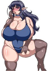 1girls 2015 astraea13 beauty_mark black_hair breasts cleavage curvaceous curvy female female_focus glasses hips huge_breasts long_hair looking_at_viewer plump pointy_ears purple_eyes solo solo_female solo_focus swimsuit swimwear thick_thighs thighhighs thighs top_heavy voluptuous wide_hips