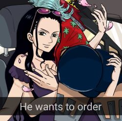 1boy 1girls animesgirill ass ass_focus ass_up big_ass bubble_ass bubble_butt clothing female franky hana_hana_no_mi he_wants_to_order male meme nico_robin one_piece post-timeskip post_timeskip pre-timeskip pre_timeskip selfie shounen_jump snapchat time_paradox