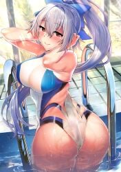 armpits arms_behind_head arms_up ass back bangs blue_bow blue_one-piece_swimsuit bow breasts closed_mouth competition_swimsuit fate/grand_order fate_(series) female hair_between_eyes hairbow highleg highleg_swimsuit highres kawai_(purplrpouni) large_breasts long_hair looking_at_viewer looking_back one-piece_swimsuit ponytail pool_ladder poolside red_eyes silver_hair swimsuit thighs tomoe_gozen_(fate) tomoe_gozen_(swimsuit_saber)_(fate) two-tone_swimsuit wet white_one-piece_swimsuit