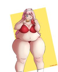 1girls bikini chicken_(food) chubby commission darling_in_the_franxx fat female girasol_nsfw one_eye_closed overweight overweight_female pink_hair smile smirk solo zero_two_(darling_in_the_franxx)