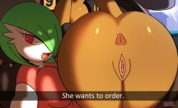 anthro anus ass bent_over black_clothing black_sclera black_shirt black_topwear bottomless brown_body brown_fur butt_focus car clothed clothing drive-thru duo female female/female fur gardevoir generation_3_pokemon generation_4_pokemon genitals he_wants_to_order lagomorph looking_at_viewer lopunny meme nintendo pink_clothing pink_shirt pink_topwear pokemon pokemon_(species) pussy she_wants_to_order shirt text topwear vehicle video_games white_body white_skin zaviel