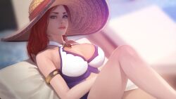 blue_eyes cleavage firolian hat league_of_legends miss_fortune pool_party_miss_fortune pool_party_series red_hair riot_games swimsuit tagme