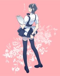 alternate_costume apron black_hair black_legwear black_thighhighs blush crossdressing embarrassed femboy frills full_body fully_clothed gintama looking_back maid maid_headdress maid_uniform male male_only pink_background short_dress short_sleeves solo standing subliminal_shun sweatdrop thighhighs yamazaki_sagaru